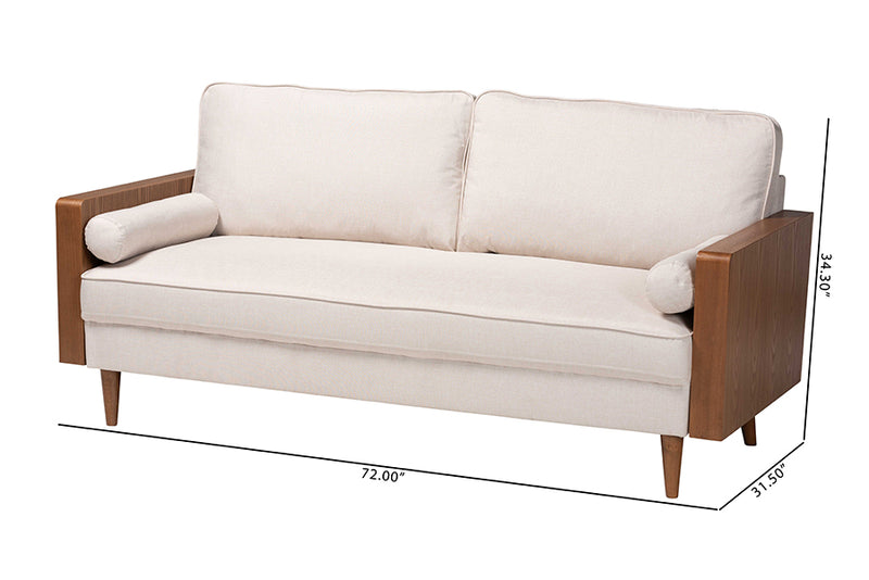 Saranna Mid-Century Modern Beige Fabric and Walnut Brown Wood Sofa