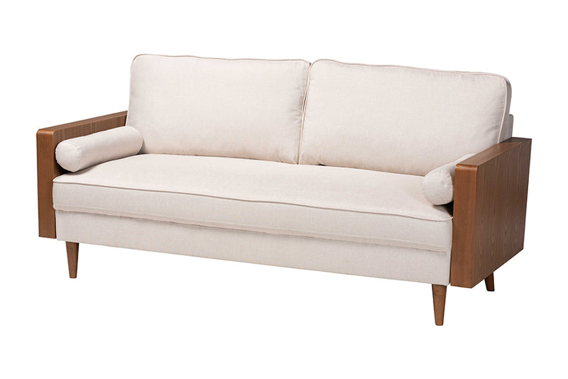 Saranna Mid-Century Modern Beige Fabric and Walnut Brown Wood Sofa