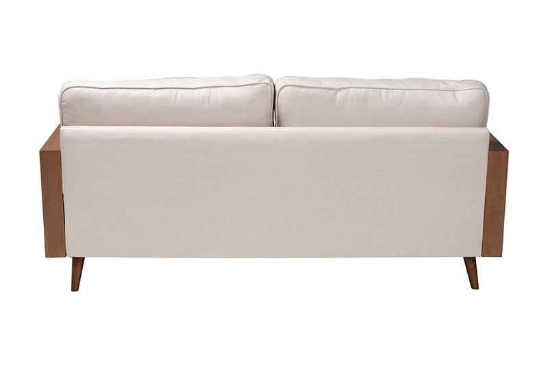 Saranna Mid-Century Modern Beige Fabric and Walnut Brown Wood Sofa