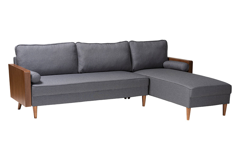 Saranna Mid-Century Modern Gray Fabric and Walnut Brown Wood Right Facing Sectional Sofa