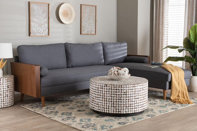 Saranna Mid-Century Modern Gray Fabric and Walnut Brown Wood Right Facing Sectional Sofa