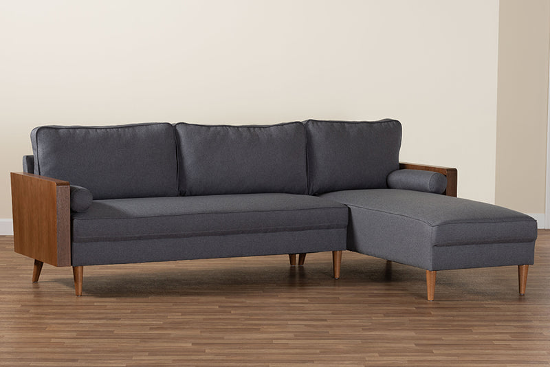 Saranna Mid-Century Modern Gray Fabric and Walnut Brown Wood Right Facing Sectional Sofa