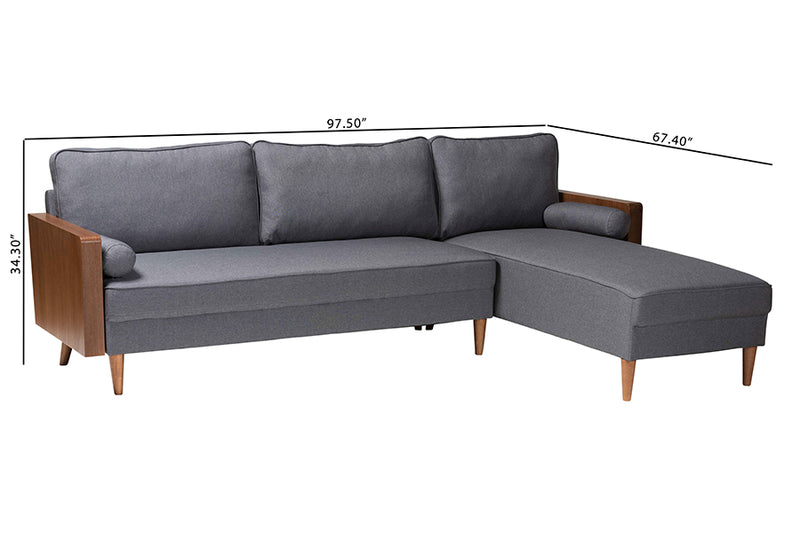 Saranna Mid-Century Modern Gray Fabric and Walnut Brown Wood Right Facing Sectional Sofa