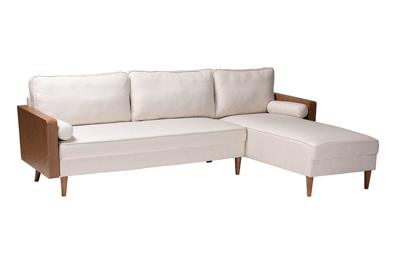 Saranna Mid-Century Modern Beige Fabric and Walnut Brown Wood Right Facing Sectional Sofa