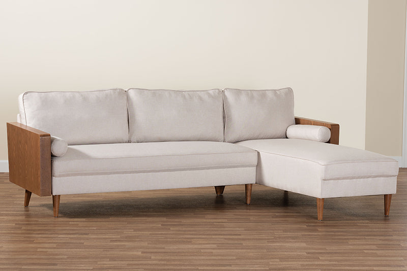 Saranna Mid-Century Modern Beige Fabric and Walnut Brown Wood Right Facing Sectional Sofa