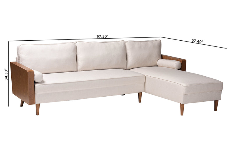 Saranna Mid-Century Modern Beige Fabric and Walnut Brown Wood Right Facing Sectional Sofa