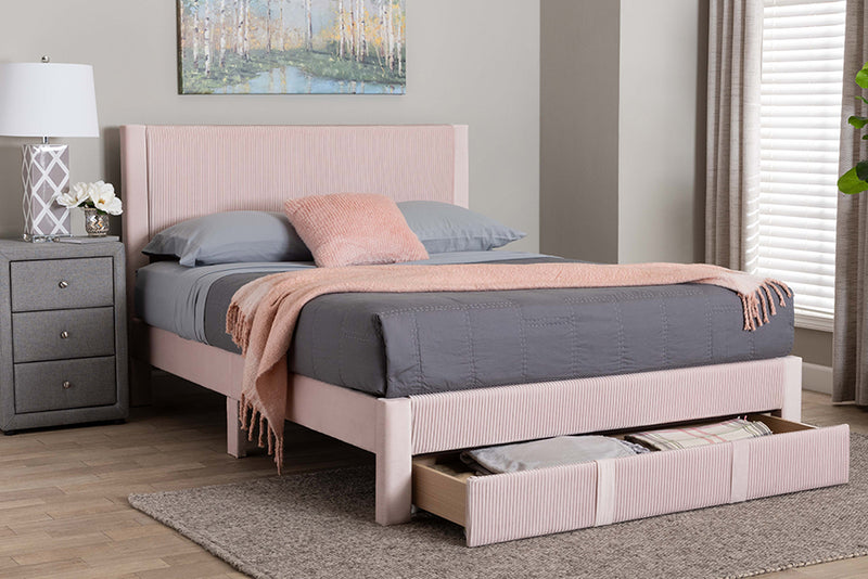 Donnica Modern Light Pink Pleated Velvet Queen Size Storage Bed