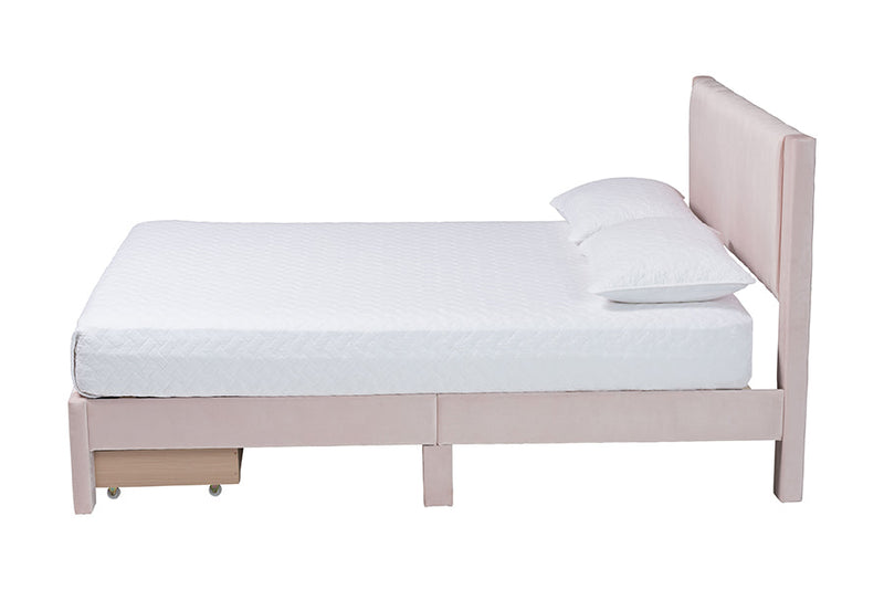 Donnica Modern Light Pink Pleated Velvet Queen Size Storage Bed Baxton