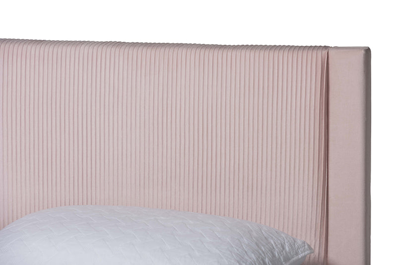 Donnica Modern Light Pink Pleated Velvet Queen Size Storage Bed