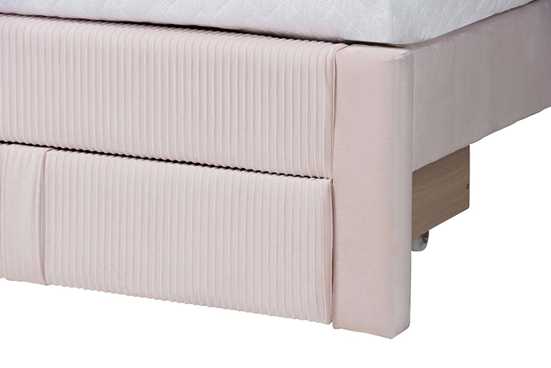 Donnica Modern Light Pink Pleated Velvet Queen Size Storage Bed