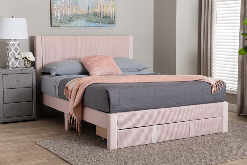 Donnica Modern Light Pink Pleated Velvet Queen Size Storage Bed