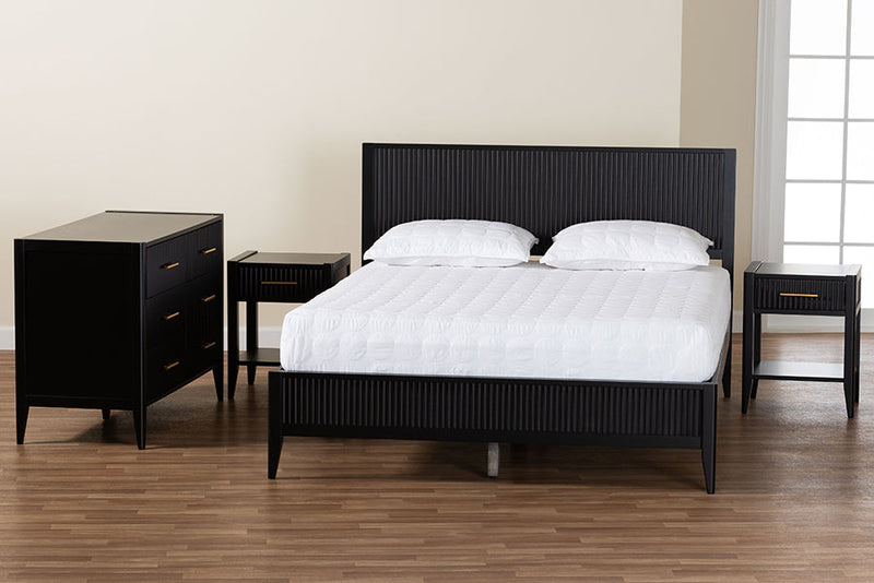 Albert Black Fluted Wood Queen Size 4Pc Bedroom Set Baxton