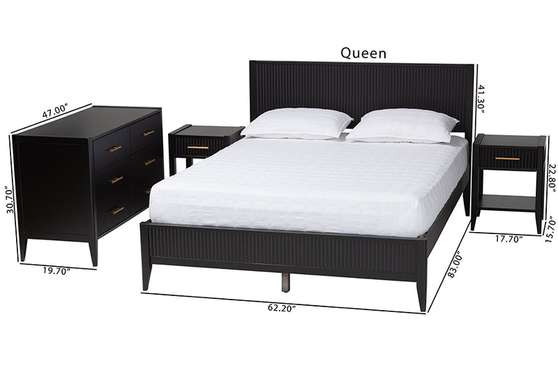 Albert Mid-Century Black Fluted Wood King Size 4-Piece Bedroom Set