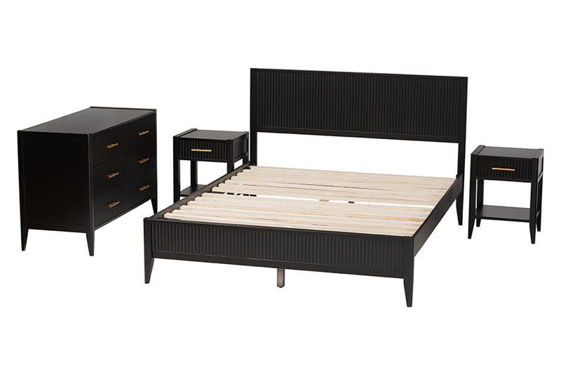 Albert Mid-Century Black Fluted Wood King Size 4-Piece Bedroom Set