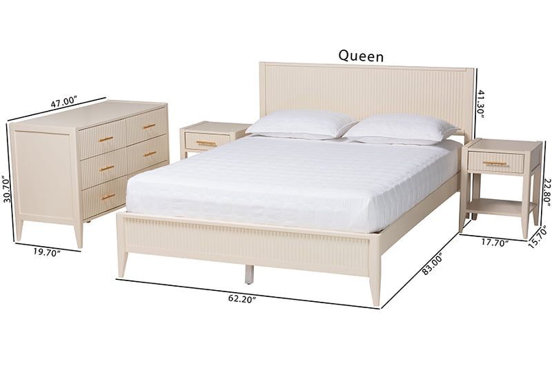 Albert Mid-Century Ivory Fluted Wood Queen Size 4-Piece Bedroom Set