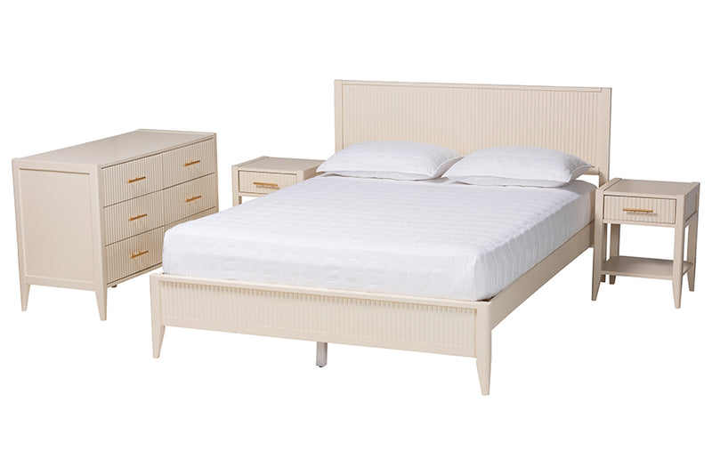 Albert Mid-Century Ivory Fluted Wood Queen Size 4-Piece Bedroom Set