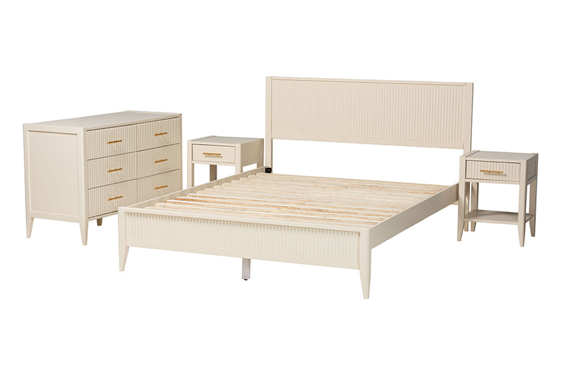 Albert Mid-Century Ivory Fluted Wood Queen Size 4-Piece Bedroom Set