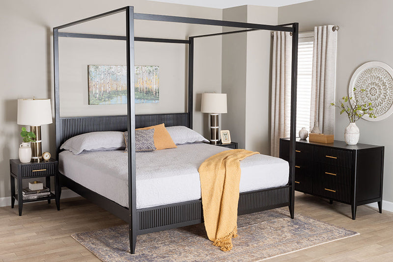 Albert Black Fluted Wood King Size 4Pc Canopy Bedroom Set Baxton