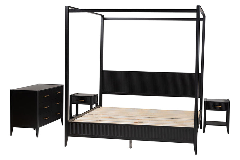 Albert Black Fluted Wood King Size 4Pc Canopy Bedroom Set Baxton