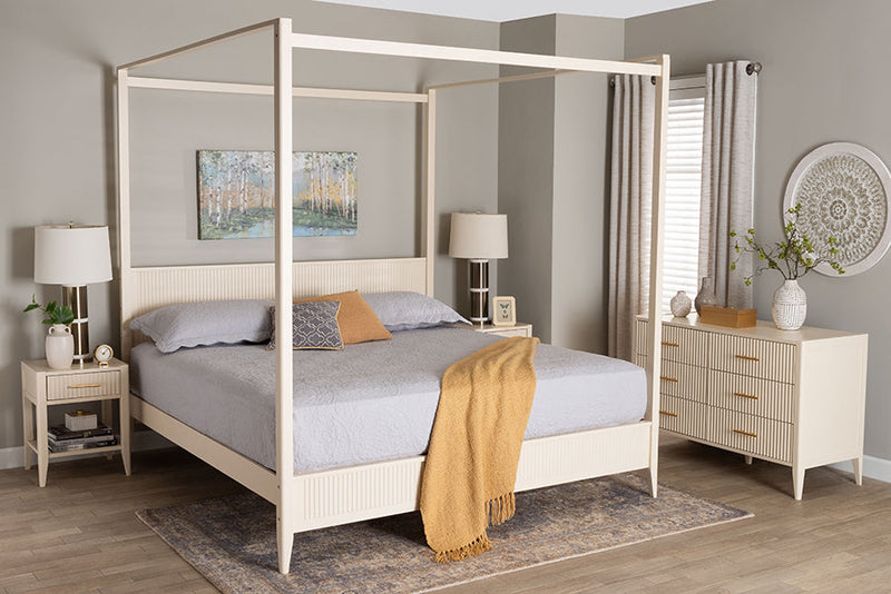 Albert Ivory Fluted Wood King Size 4Pc Canopy Bedroom Set Baxton