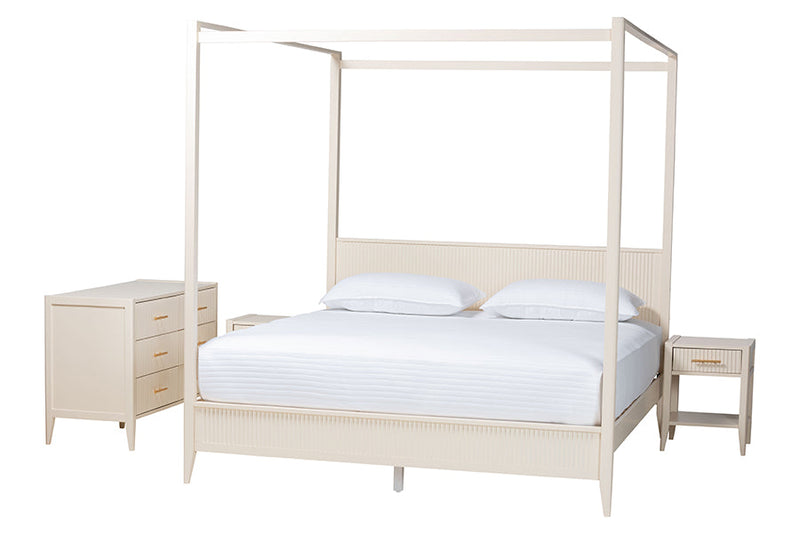 Albert Ivory Fluted Wood King Size 4Pc Canopy Bedroom Set Baxton