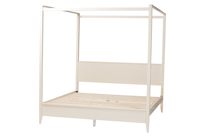 Albert Mid-Century Ivory Fluted Wood King Size Canopy Bed