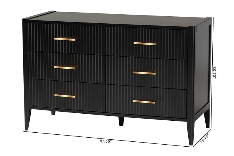 Albert Mid-Century Black Fluted Wood 6-Drawer Dresser