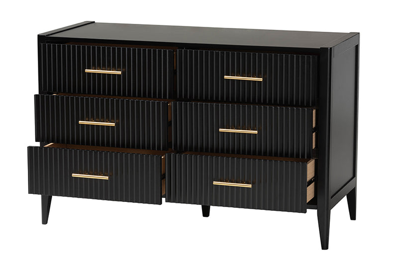 Albert Mid-Century Black Fluted Wood 6-Drawer Dresser