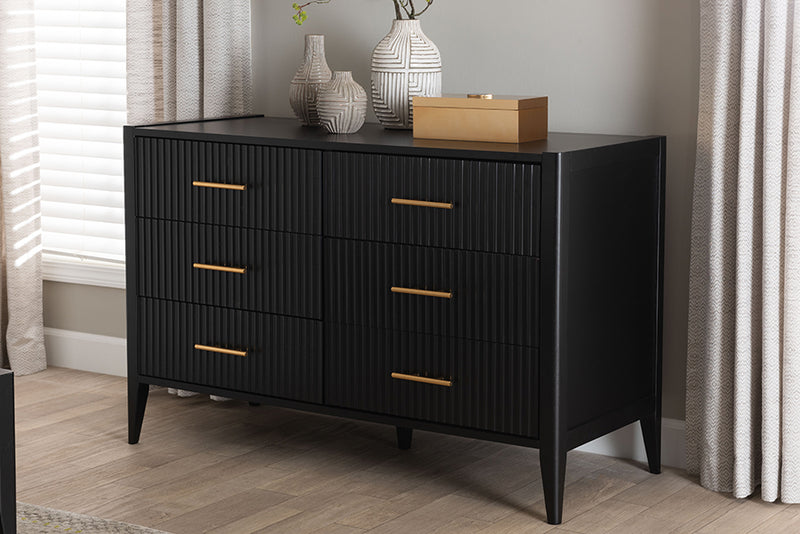 Albert Mid-Century Black Fluted Wood 6-Drawer Dresser