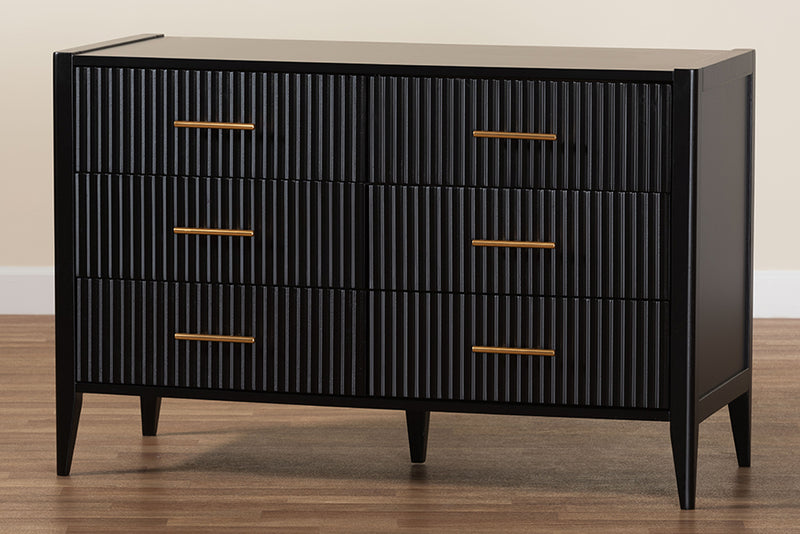 Albert Mid-Century Black Fluted Wood 6-Drawer Dresser