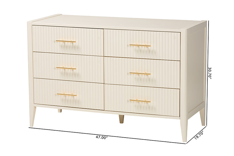 Albert Mid-Century Ivory Fluted Wood 6-Drawer Dresser