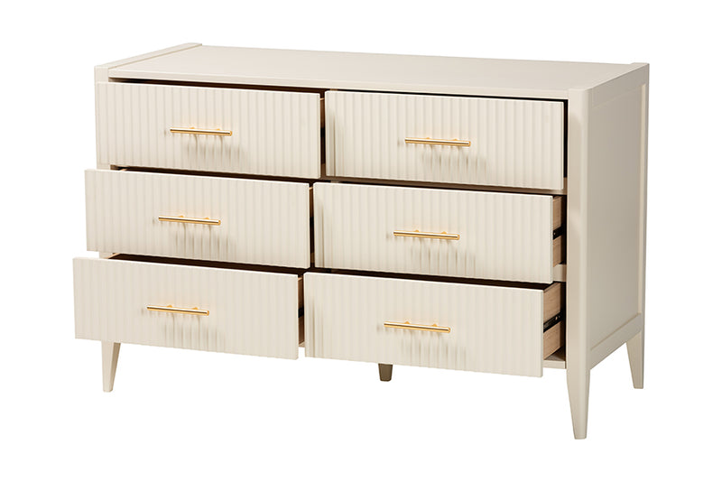 Albert Mid-Century Ivory Fluted Wood 6-Drawer Dresser