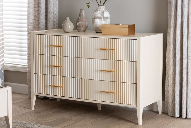 Albert Mid-Century Ivory Fluted Wood 6-Drawer Dresser