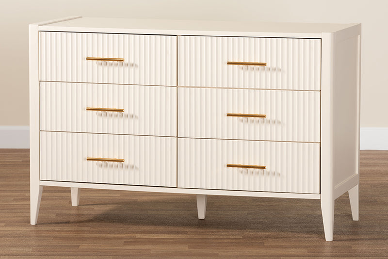 Albert Mid-Century Ivory Fluted Wood 6-Drawer Dresser