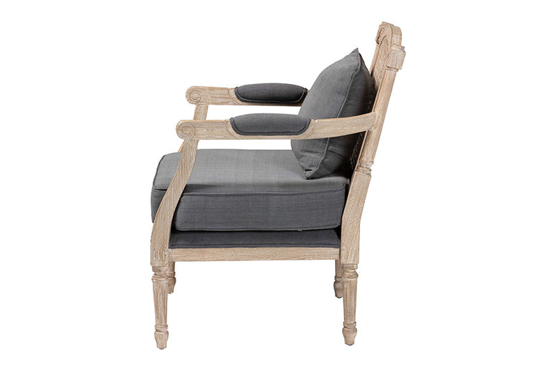 Caleb Gray Fabric Whitewashed Mahogany Wood Armchair Baxton