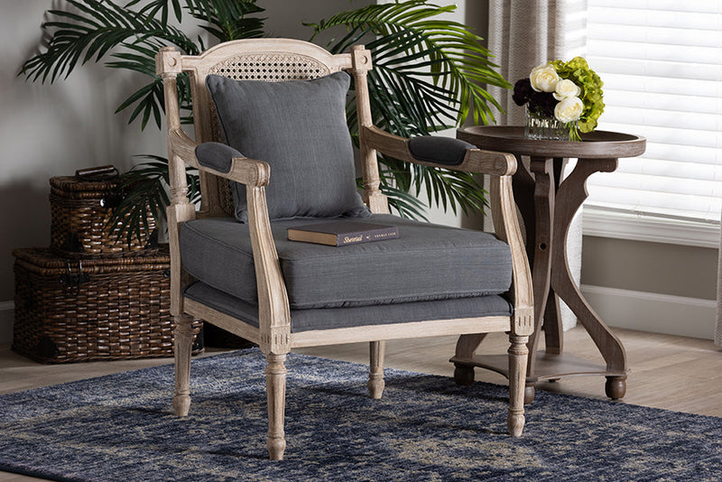 Caleb Gray Fabric Whitewashed Mahogany Wood Armchair Baxton