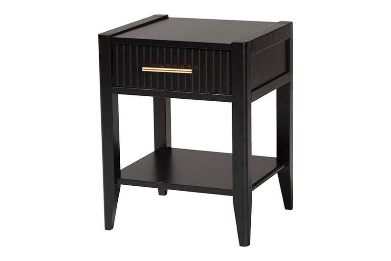 Albert Mid-Century Black Fluted Wood 1-Drawer Nightstand