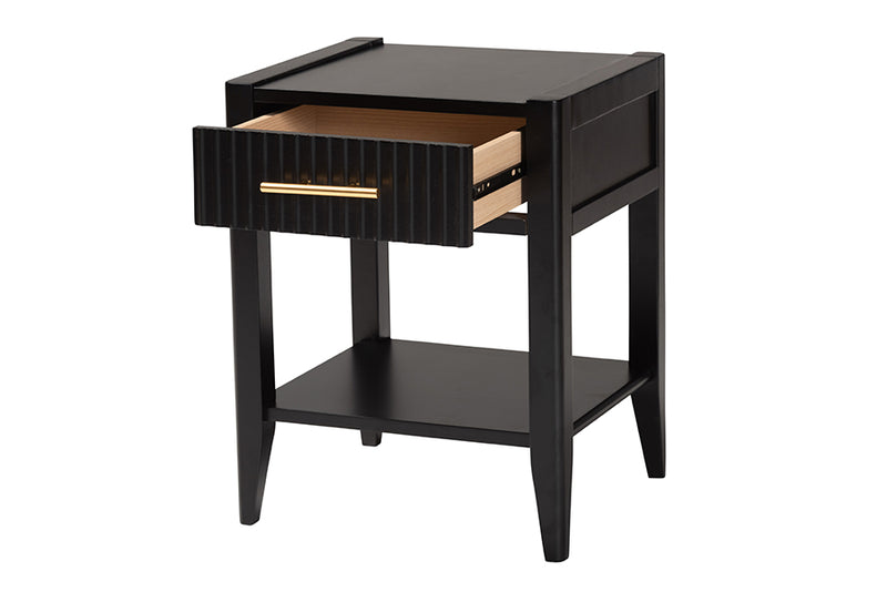 Albert Mid-Century Black Fluted Wood 1-Drawer Nightstand