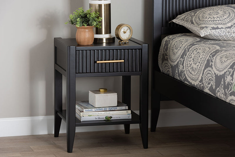 Albert Black Fluted Wood 1-Drawer Nightstand Baxton