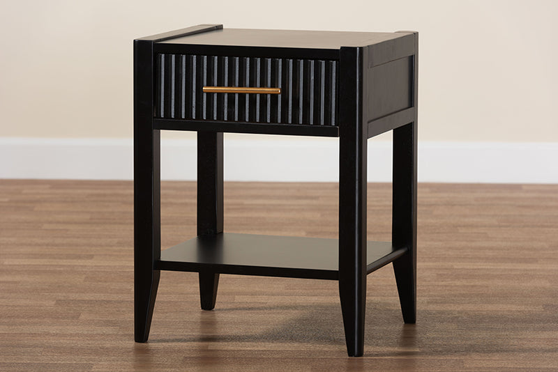 Albert Mid-Century Black Fluted Wood 1-Drawer Nightstand