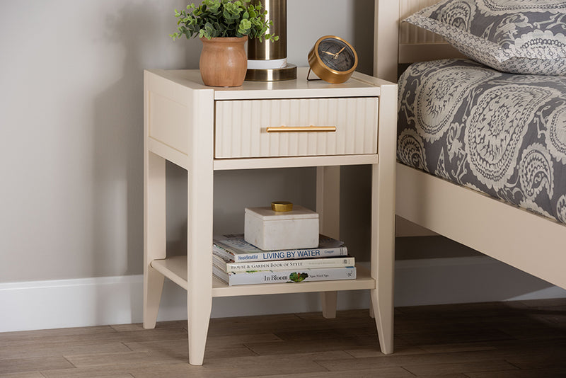 Albert Mid-Century Ivory Fluted Wood 1-Drawer Nightstand