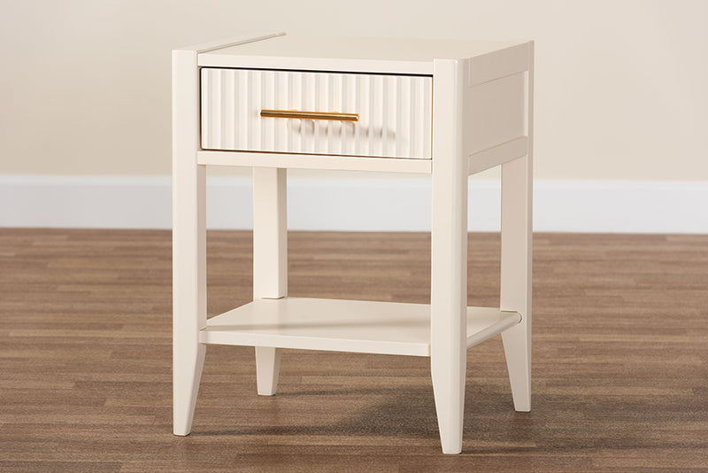 Albert Mid-Century Ivory Fluted Wood 1-Drawer Nightstand