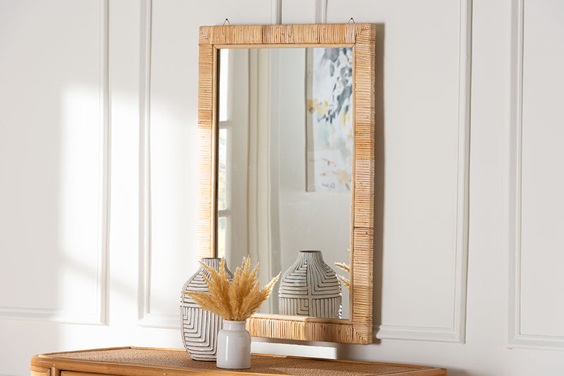 Vallea Bohemian Natural Rattan Rectangle Accent Wall Mirror