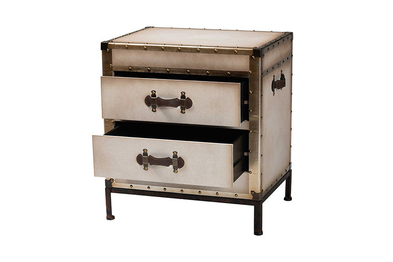 Lorand White Canvas 2-Drawer End Table Trunk Baxton