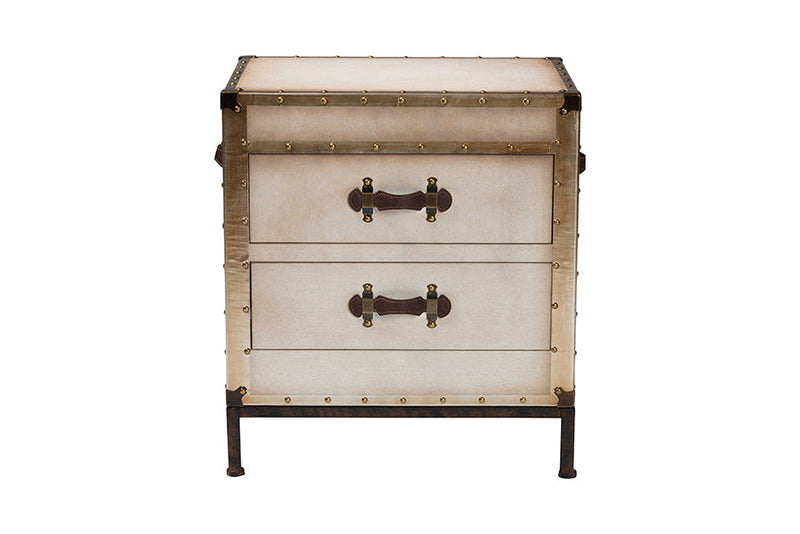Lorand White Canvas 2-Drawer End Table Trunk Baxton