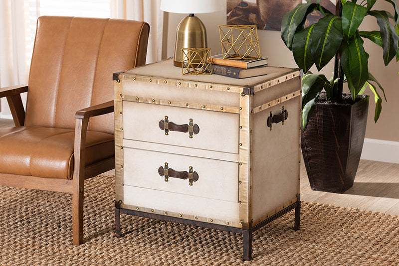 Lorand White Canvas 2-Drawer End Table Trunk Baxton