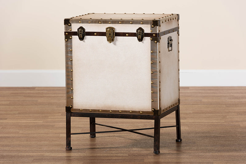 Lorand Vintage White Canvas Lift-Top Trunk End Table