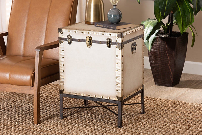 Lorand White Canvas Lift-Top Trunk End Table Baxton