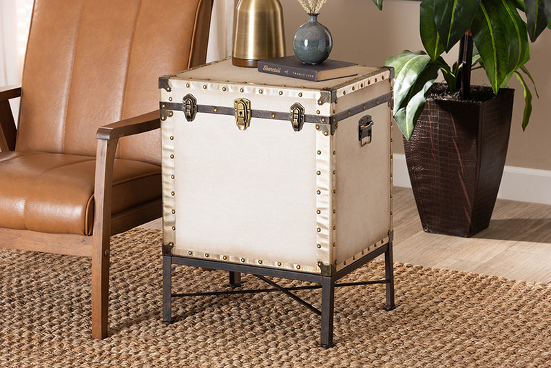 Lorand Vintage White Canvas Lift-Top Trunk End Table