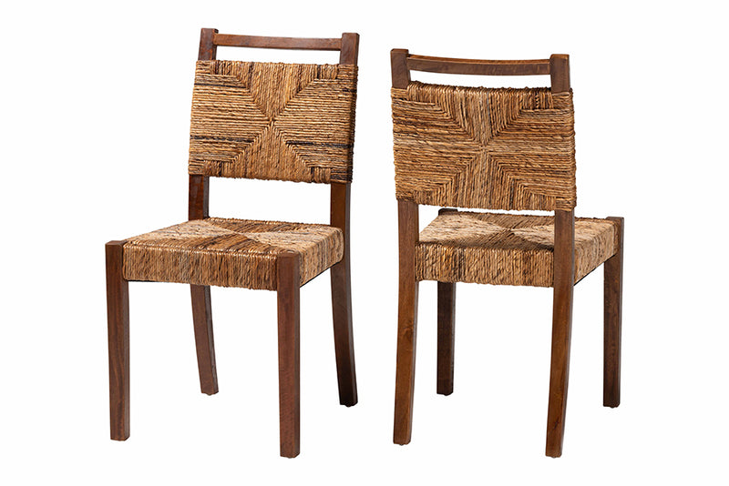 Sagen Bohemian Natural Seagrass and Mahogany Wood 2-Piece Dining Chair